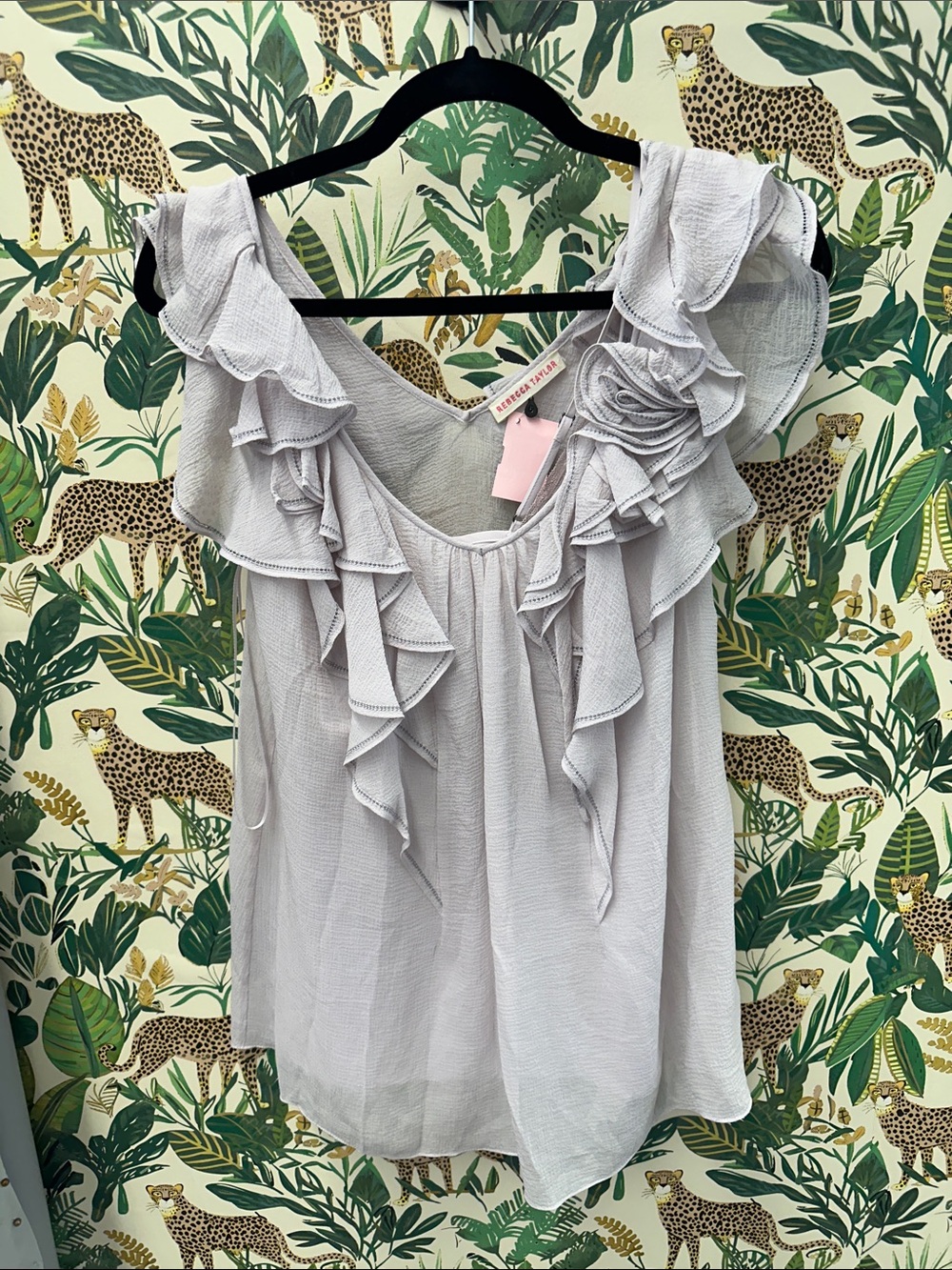 Rebecca Taylor Ruffled V-Neck Sleeveless Top — Light Gray 6